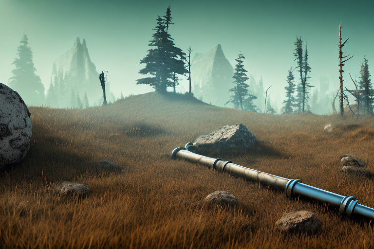 A metal pipe lying on the rugged terrain of the game rust