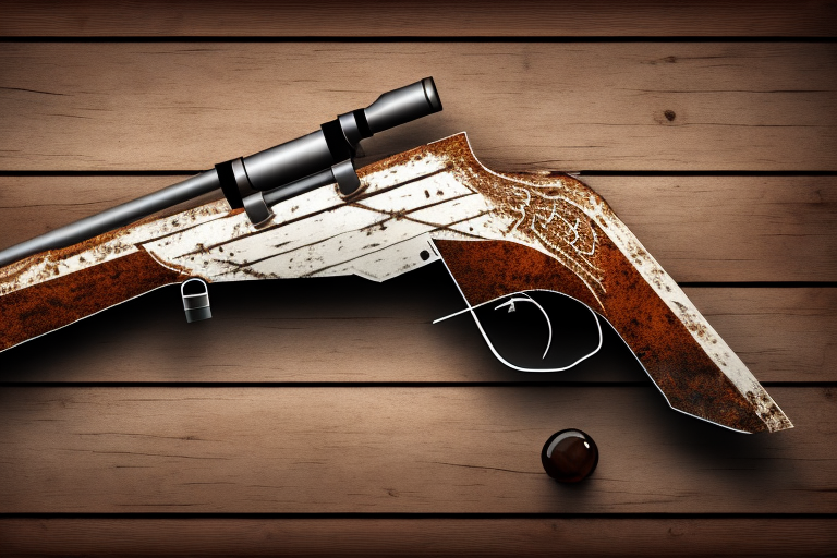 A double barrel shotgun lying on a rustic wooden surface