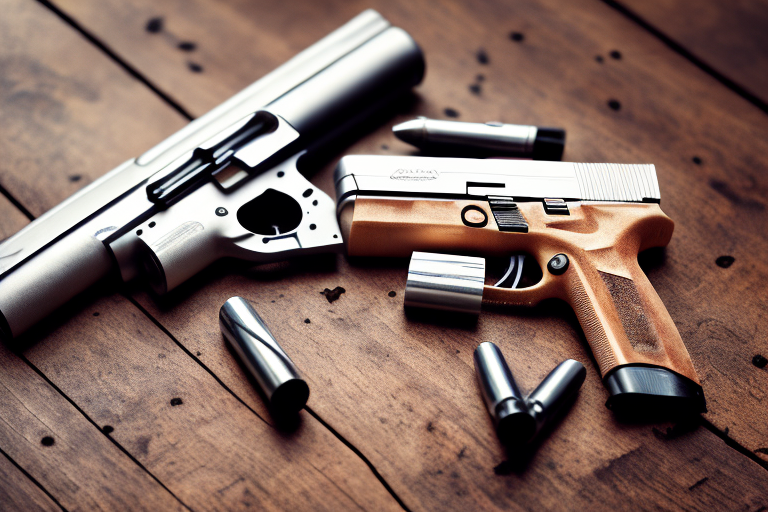 A hv pistol ammo next to a rustic