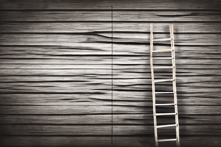 A wooden ladder leaning against a weathered