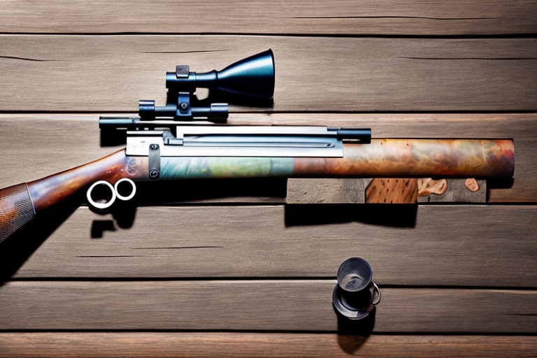 A bolt action rifle leaning against a rustic