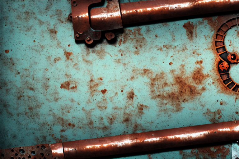 A computer keyboard made out of rusted metal with a paddle-like tool hovering over it