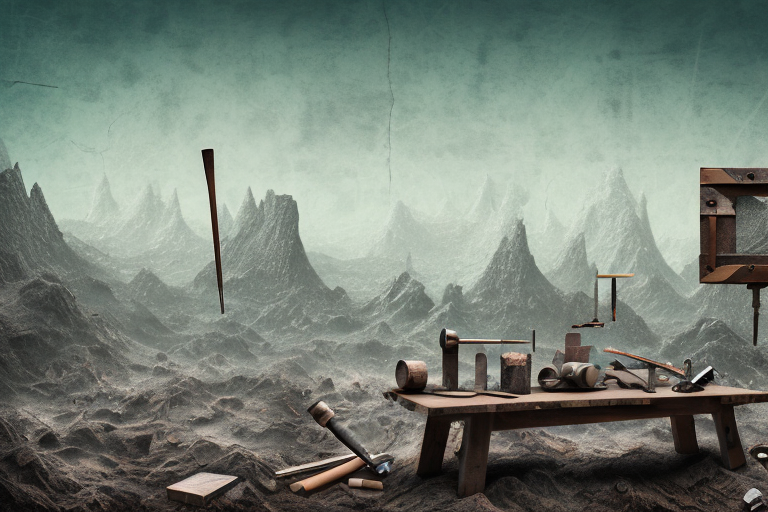 A rustic wooden repair bench with various tools scattered on top