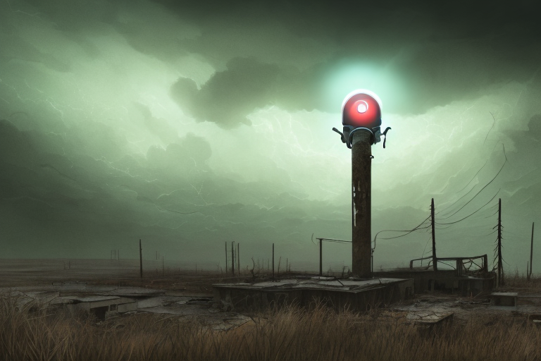 A siren light atop an abandoned building in the desolate landscape of the video game rust