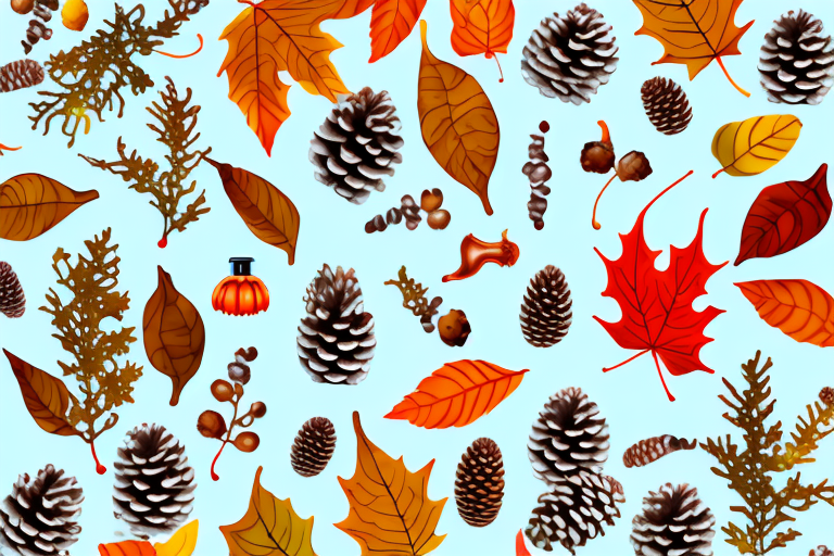 A variety of perfume bottles nestled among colorful autumn leaves and seasonal elements like pumpkins