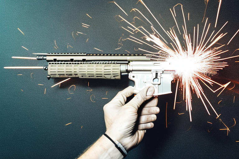 A 5.56 rifle ammo with sparks and explosive effects in the background